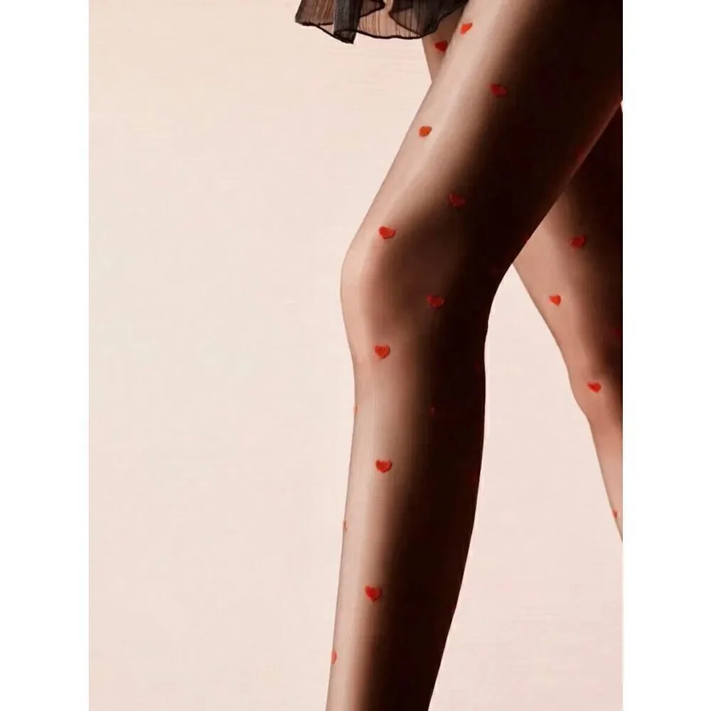 ❤ Love Heart Print Black Sheer Nylon Pantyhose Stocking Tights SIZE L-XXL NEW